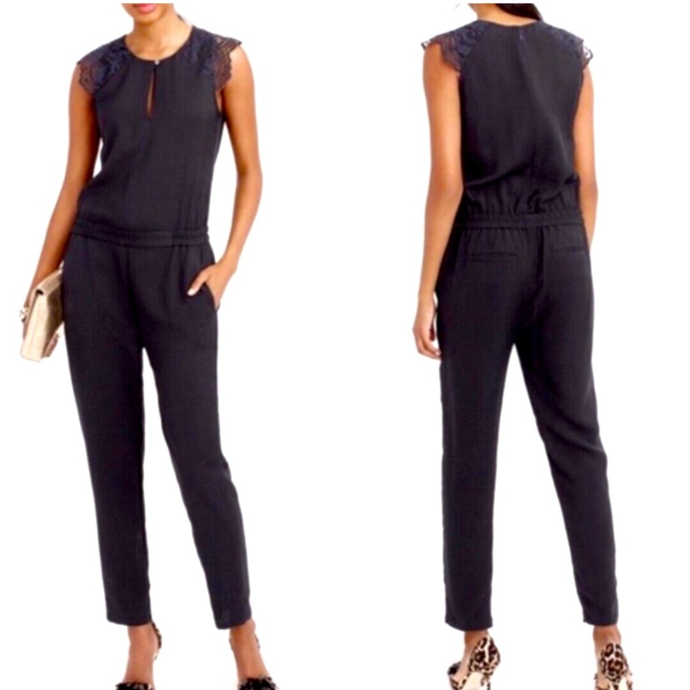 J Crew jumpsuit size 00P black, lace sleeves